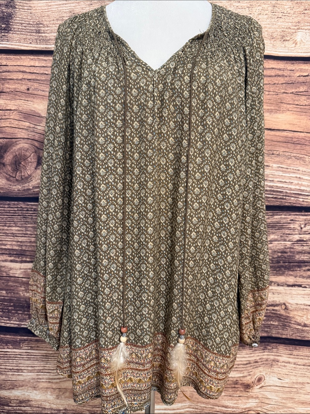 entro Olive-Print Boho Tassel Tunic